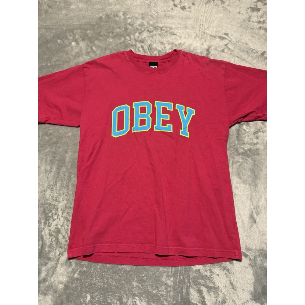 OBEY T-Shirt Men Large Pink Graphic Oversized Heavyweight Cotton Crew Neck